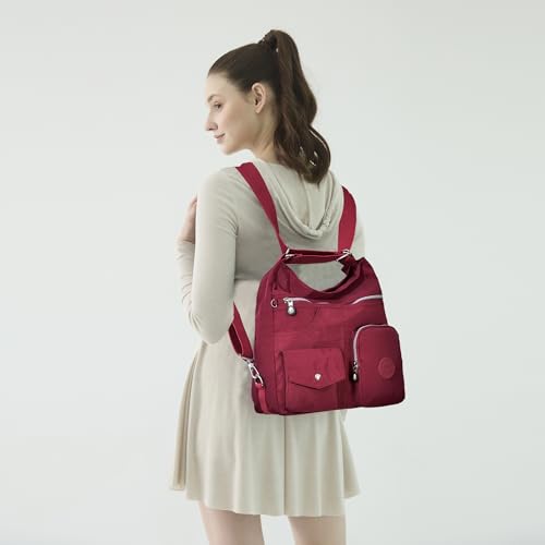 Hobo Purse for Women, Nylon Crossbody Shoulder Handbag Convertible Backpack - color: Red