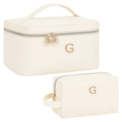 Women Daily Use & Travel Personalized Makeup Bag with Metal Letter Patch G | Women Large Travel Custom Initial Makeup Bag, Cosmetic Organizer Spacious PU Leather Toiletry Case with Handle & Divider - size: G