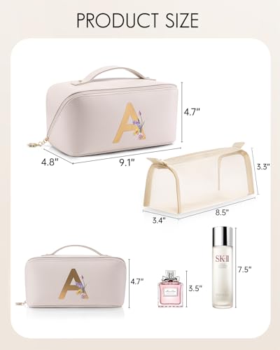 VLANDO Initial Makeup Bag with Separate Brush Pocket,Letter A,Off White - color: 14.White-A
