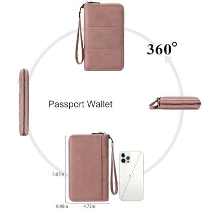 RFID Blocking with Zipper Travel Passport Wallet,Travel Document Organizer for Men and Women Family Holder with Wrist Strap - color: Light Pink