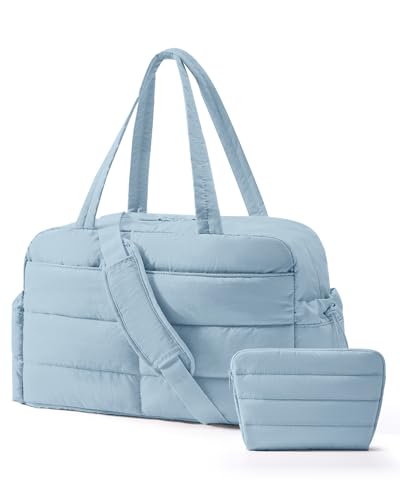BAGSMART Gym Bag for Women, 2-PC Puffer Travel Duffle Bag Carry On Tote Bag - color: Dawn Blue