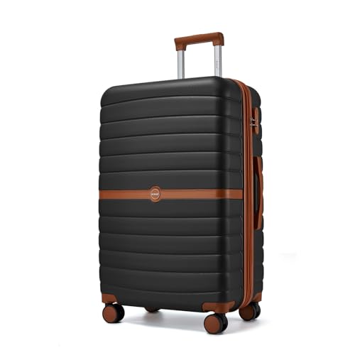 Kono Expandable 28 Inch Luggage with Spinner Wheels, Large Checked Luggage with Lock, Lightweight & Anti-Scratch PC+ABS Hardshell Travel Suitcase, Black/Brown - color: Black/Brown, size: Checked-large 28-inch