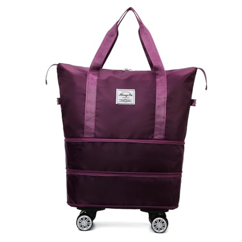 Travel Tote Bag with Trolley Sleeve Expandable Extra Duffel Bag with Wheels Lightweight Traveling Foldable Suitcase - color: Purplish Red