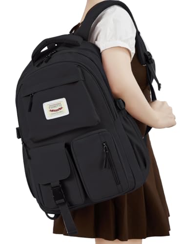 FIORETTO Backpack for School, Teen Girls & Women, School Bag Bookbag with Multi Pockets - color: Black