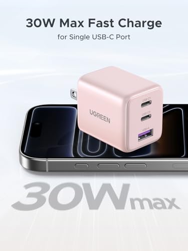 UGREEN 3포트 30W USB C 충전기 블록, GaN II 타입 C 고속 충전, 핑크 - color: 핑크