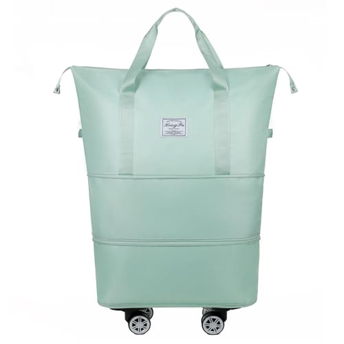 Travel Tote Bag with Trolley Sleeve Expandable Extra Duffel Bag with Wheels Lightweight Traveling Foldable Suitcase - color: Green