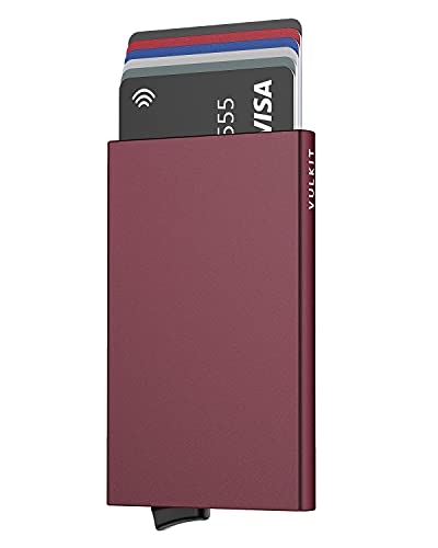 VULKIT Pop Up Wallet, Slim Minimalist Credit Card Holder For Men and Women RFID Blocking Mini Metal Case Wine - color: wine