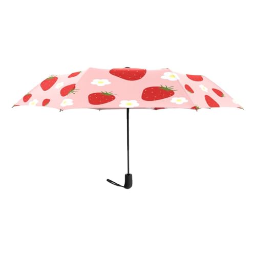 Automatic Auto Open Close Compact Printed Travel Umbrella for Rain Water-Resistant Mini Small Size Lightweight Folding Umbrella - color: Strawberry