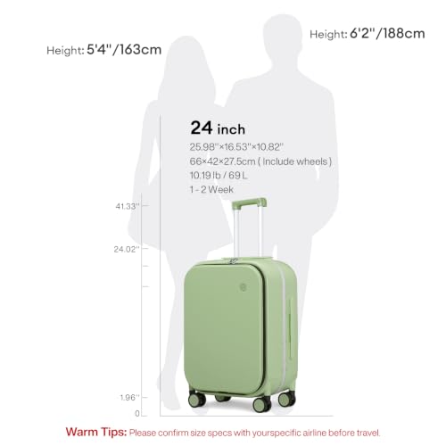 mixi Luggage Suitcase with Spinner Wheels, 24'' Checked Travel Luggage Aluminum Frame PC Hardside with TSA Lock & Cover - Avocado Green - color: Avocado Green, size: 24-inch