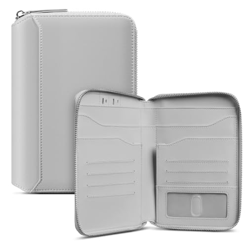 VULKIT Leather Passport Holder for 4-8 Passports Family Passport Wallet with Zipper Travel Documents Organizer for Men or Women(Grey) - color: Grey