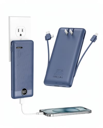 VRURC Portable Charger Built-in Cables and AC Wall Plug, USB C Power Bank 10000mAh, Travel Battery Portable Phone Charger Compact Lightweight External Battery Pack for Smart Phones, Tablets etc-Navy - color: Navy