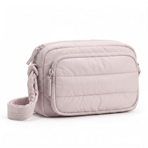 Crossbody Bag for Women, Multi Pockets Puffer Small Shoulder Handbag with RFID Blocking for Travel - color: Lotus Root Pink