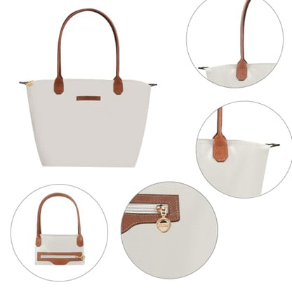 Waterproof Nylon Tote bag for Women Lightweight Designer Handbag with Zipper Stylish and Durable Purse - color: Paper White, size: Large