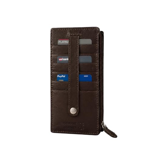 Leatherboss Genuine Leather Women's All in One Credit Business Card Case Holder Slim Zipper Wallet With a Card Protection Strap, Brown - color: Brown