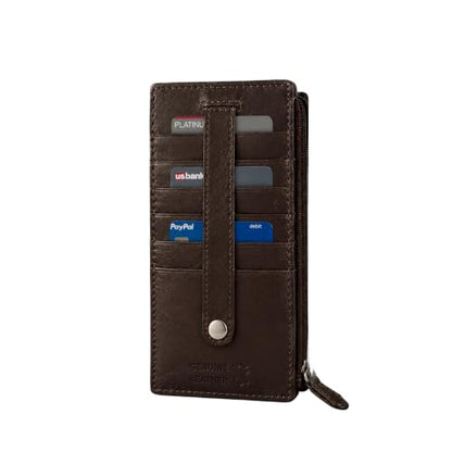 Leatherboss Genuine Leather Women's All in One Credit Business Card Case Holder Slim Zipper Wallet With a Card Protection Strap, Brown - color: Brown