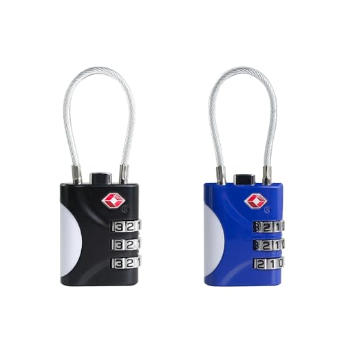 TSA Approved Luggage Locks - Small Combo Travel Padlock with Cable, TSA 007 Suitcase & Backpack Security, Durable & Easy to Use (Black+Blue) - color: Black+Blue
