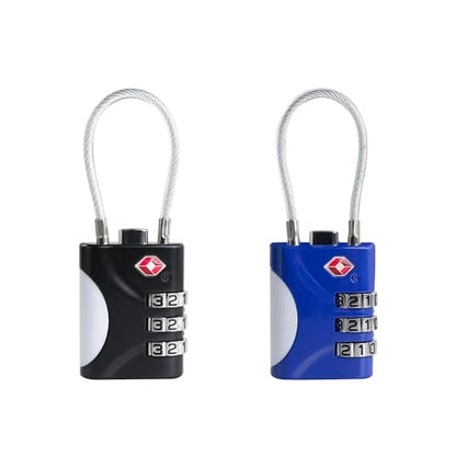 TSA Approved Luggage Locks - Small Combo Travel Padlock with Cable, TSA 007 Suitcase & Backpack Security, Durable & Easy to Use (Black+Blue) - color: Black+Blue
