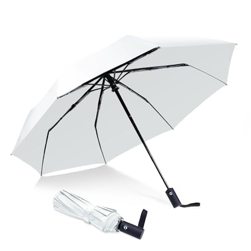 NPCQUN Travel Essentials Umbrella Windproof Compact Collapsible Light, Automatic, Strong and Portable, Wind Resistant Folding Small Umbrella for Rain - color: White