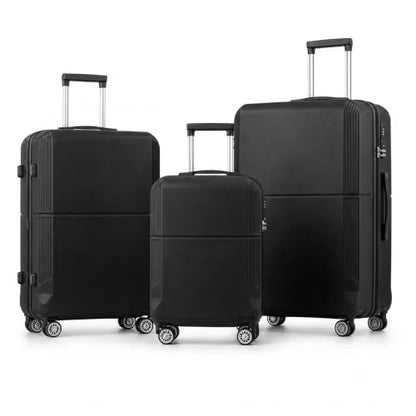 3-Piece ABS Hardshell Luggage Set, Lightweight Durable Suitcases with 4 Silent Spinner Wheels, TSA Lock & Scratch-Resistant Surface, 20"/24"/28", Black - color: Black+Solid