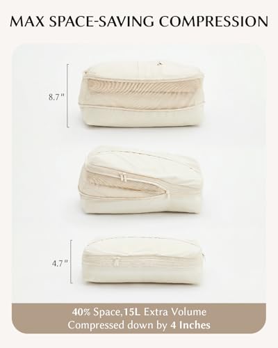 EACHY 5-in-1 압축 패킹 큐브, 의류 및 속옷을 위한 4개의 칸이 있는 걸이식 수하물 정리함, 세탁기 세탁 가능한 여행용 여행 가방 액세서리 (베이지, 라지) - color: 베이지.
