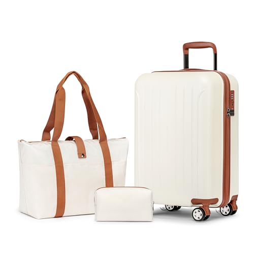 KYME Carry On Luggage Sets 3 Piece 20 Inch Suitcase Set with Duffel Bag - color: Beige, size: 3Pcs Set(DB/TB/20)
