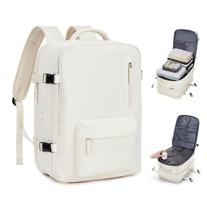 coofay Vacuum Backpack with Pump, Expandable Carry On Travel Backpack | 15.6" Laptop Compartment, Vacuum Compression System, Water-Resistant, Shoe Compartment & USB Charging Port, Beige - color: Beige, size: Extended-with Pump