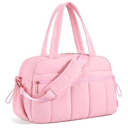 Puffy Duffle Bag For Women, 18 * 14 * 8 Personal Items Bag with Wet Pocket, Overnight Weekender Travel Bag - color: puffy petal pink