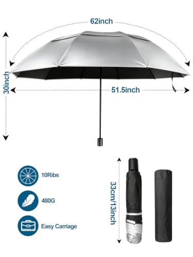 Kalolary 55/62 Inch Large Golf Umbrella UV Protection Compact Umbrella - color: Silver