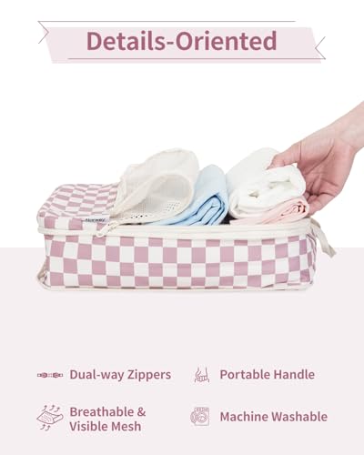 Narwey Compression Packing Cubes for Travel, Cute Luggage Organizer Bags - color: Z-Dusty Rose Checkerboard