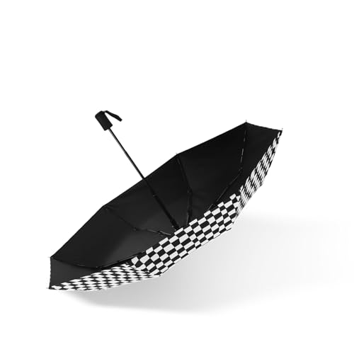 Checkered Automatic Compact Umbrella Windproof Waterproof Umbrellas for Rain and Sun, UV Protection Folding Travel Umbrella - color: black