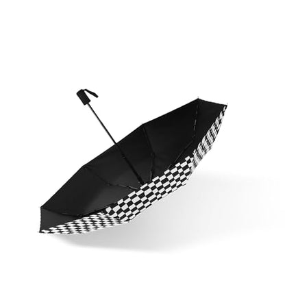 Checkered Automatic Compact Umbrella Windproof Waterproof Umbrellas for Rain and Sun, UV Protection Folding Travel Umbrella - color: black