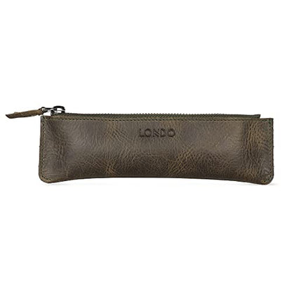 Londo Top Grain Leather Pen Case with Zipper Closure, Pencil Pouch Stationery Bag - color: Green