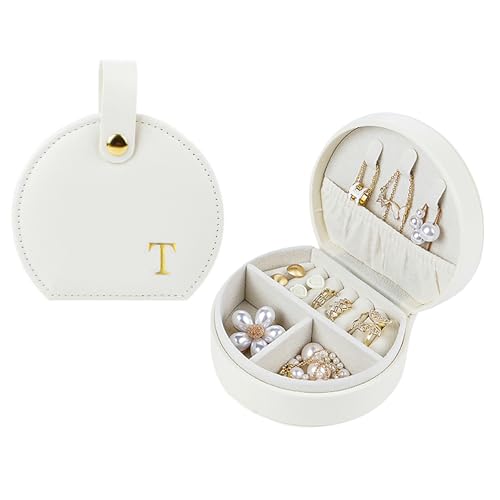 Travel Jewelry Case,Personalized Jewelry Box,Elegant Half-Moon Design with Personalized Golden Initial Case,Personalized Gifts for Women,Jewelry organizer;Personalized Gifts for Women or Friends(T) - style: T