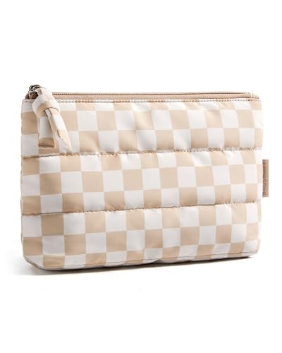 BAGSMART Small Makeup Bag, Machine Washable Puffy Cosmetic Pouch - color: Khaki Checkerboard