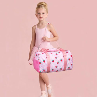 Gym Travel Duffle Bag for Girls - Gymnastics Sports Dance Bag with Shoe Compartment & Wet Pocket Panda Kids Travel Bag Teens Weekender Sleepover Carry On Bag - color: Pink Strawberry