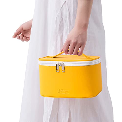 Meiyuuo Travel Makeup Bag for Women, PU Leather Cosmetic Bag, Yellow - color: Bright Yellow