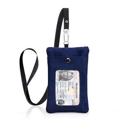 Small Lanyard Wallet with ID Window Minimalist Nylon Zipper Lanyard Pouch - color: Deep Blue
