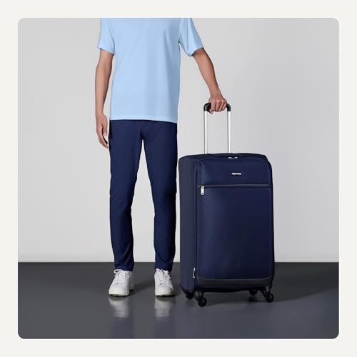 Amazon Basics 28" Large Checked Softside Expandable Suitcase with 360-Degree Multi-directional Spinner Wheels, Zippered Pockets, Telescoping Handle, Spacious, Navy Blue - color: Navy Blue, size: 28″, style: Large Checked