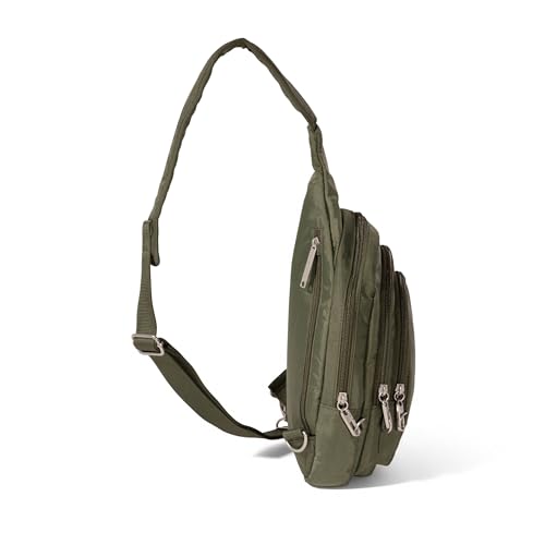 Baggallini Securtex® Anti-Theft Multi Zip Sling - Lightweight 8.6"x15.2" Travel Bag with Locking Zippers & RFID Protection - color: Thyme
