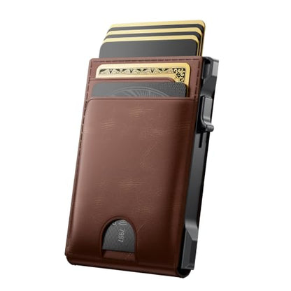 Wallet for Men Card Holder: Pop Up Card Case, Genuine Leather, Smart, RFID Blocking, Slim, Minimalist, Thin, Front Pocket - 12 Card Capacity, ID Window, Money Clip (Brown) - color: Brown