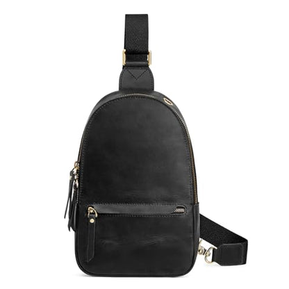S-ZONE Leather Sling Bags for Women Men Fanny Packs Chest Bag RFID Blocking - color: Black