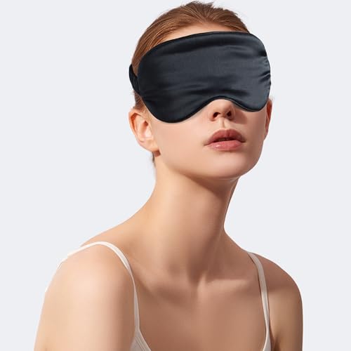 100% 22 Momme 6A Grade Double-Sided Pure Mulberry Silk Eye Mask Soft Breathable Sleep Blindfold with Elastic Headband for Men and Women Pack of 1 (Black) - color: Black