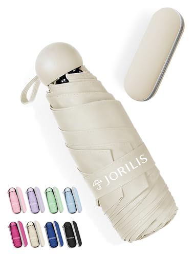 Jorilis Mini Compact Travel Umbrella with Case, Pocket Size UV Sun & Rain - color: Beige