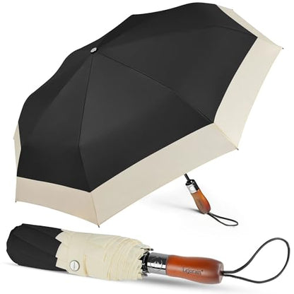 Large Golf Umbrella 54 Inch Compact Folding Auto Close Wood Handle Rain - color: Black