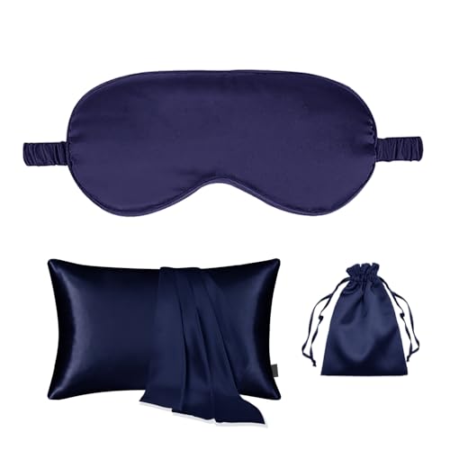 3Pcs Satin Eye Mask Silky Sleep Masks Pillowcase Similar to Silk Pillow Cases Soft and Breathable for Sleeping Gifts - color: Navy-queen Size