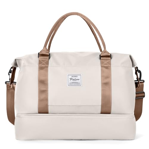 Travel Duffel Bag with Shoes Compartment, Weekender Bags for Women - color: A-Beige & Brown, size: Extra Large
