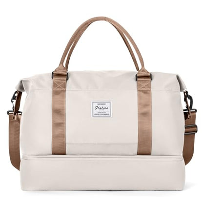 Travel Duffel Bag with Shoes Compartment, Weekender Bags for Women - color: A-Beige & Brown, size: Extra Large