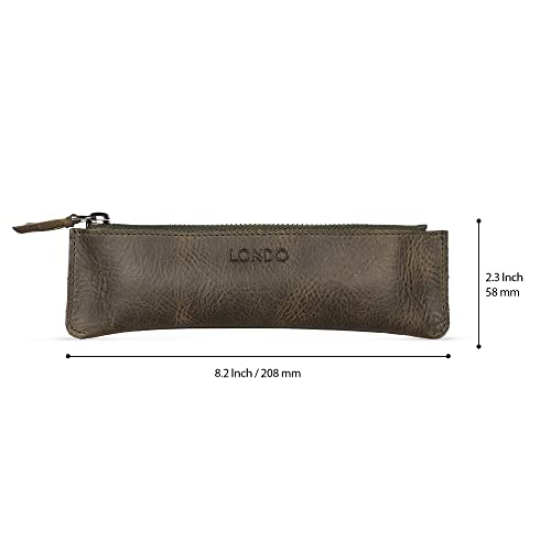Londo Top Grain Leather Pen Case with Zipper Closure, Pencil Pouch Stationery Bag - color: Green