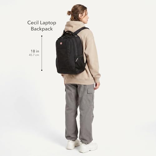 SwissGear Cecil Laptop Backpack, Fits Most 16-Inch Laptops, Three-Compartment Design, Airflow Back Panel, Black, 27.3L, 18-Inch - color: Black Canvas/Brown