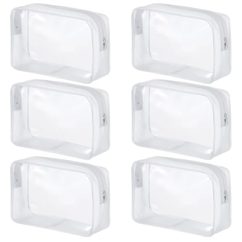 6 Pack Clear PVC Zippered Travel Cosmetic & Toiletry Organizer Bag Set for Makeup, Shower Essentials - White